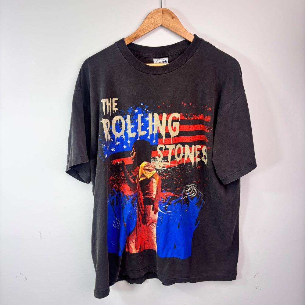 Rolling Stones Bootleg Graphic T Shirt XL Faded Black American Flag Rock Tee